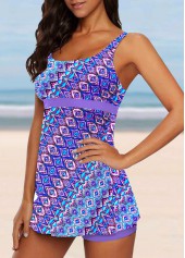 Wide Strap Tribal Print Light Purple Tankini Set