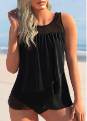 Mesh Stitching Layered Hem Black Tankini Set