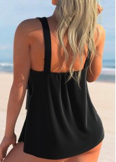 Mesh Stitching Layered Hem Black Tankini Set