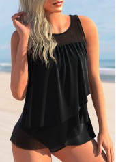 Mesh Stitching Layered Hem Black Tankini Set