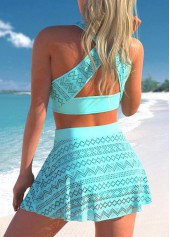 High Waisted Lace Patchwork Cyan Bikini Set