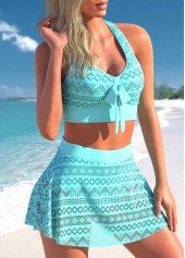 High Waisted Lace Patchwork Cyan Bikini Set