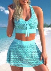 High Waisted Lace Patchwork Cyan Bikini Set