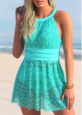 Cyan Cutout Lace Patchwork Swimdress and Shorts