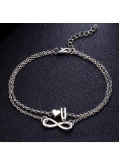 Layered Letter and Heart Design Silver Anklet
