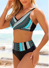 Polka Dot Front Cross Cyan Bikini Set