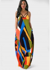 Spaghetti Strap Double Side Pockets Geometric Print Dress