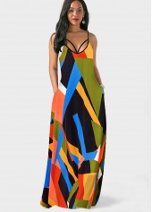 Spaghetti Strap Double Side Pockets Geometric Print Dress