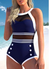 Striped Mesh Stitching Navy Blue One Piece Swimwear