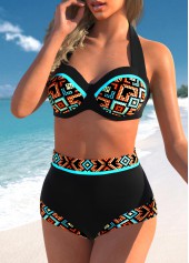 High Waisted Black Tribal Print Bikini Set