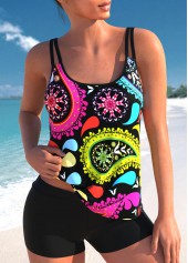 Double Straps Plus Size Paisley Print Tankini Set 
