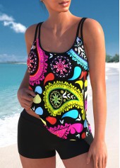 Double Straps Plus Size Paisley Print Tankini Set 