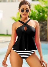 Cross Front Striped Black Tankini Set