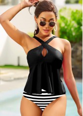 Cross Front Striped Black Tankini Set
