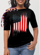 American Flag Print Lace Up Black T Shirt
