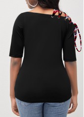 American Flag Print Lace Up Black T Shirt