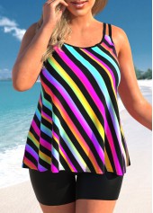 Plus Size Rainbow Stripe Double Straps Tankini Top-No Bottom