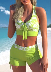 Floral Print Light Green Cross Strap Bikini Set
