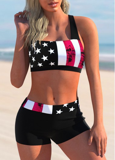 Rosewe American Flag Print Bowknot Back Bikini Set - L