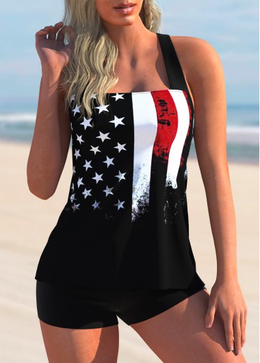 Rosewe Black American Flag Print Cross Strap Tankini Top - M