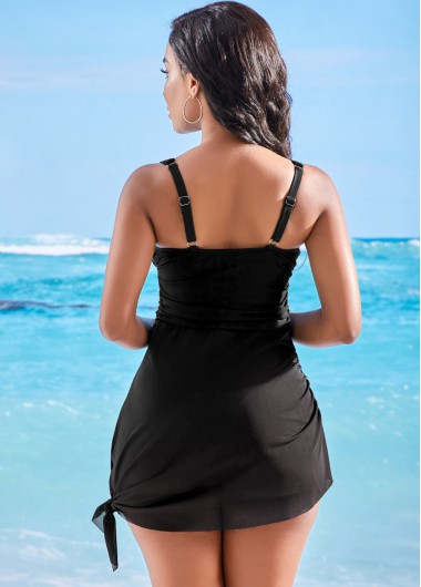 Rosewe Women Black V Neck Shirred Tie Side Swimdress And Panty Padded Wire Free Two Piece Swimsuit - L