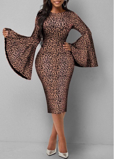 Rosewe Cocktail Party Dress Gold Brown Glitter Fabric Flare Sleeve Dress - S