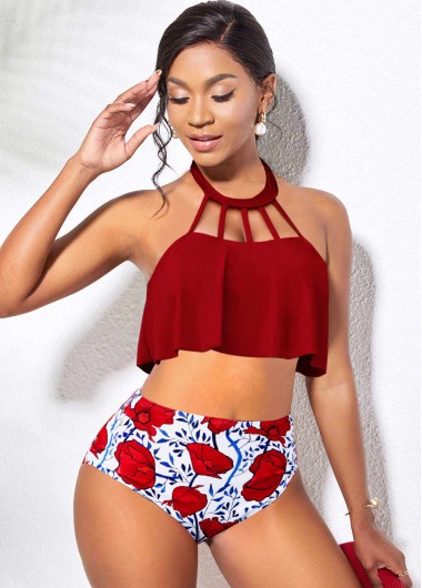 Rosewe Cage Neck Red High Waisted Bikini Set - L