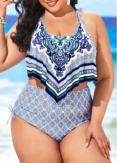 Rosewe Plus Size Cross Strap Tribal Print Bikini Set - 4XL