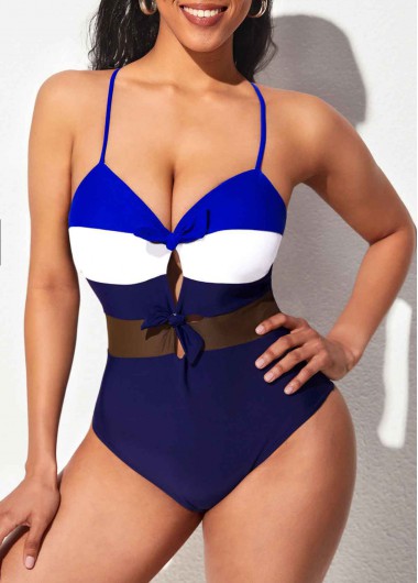 Rosewe Contrast Tie Front Navy Blue One Piece Swimwear - XL