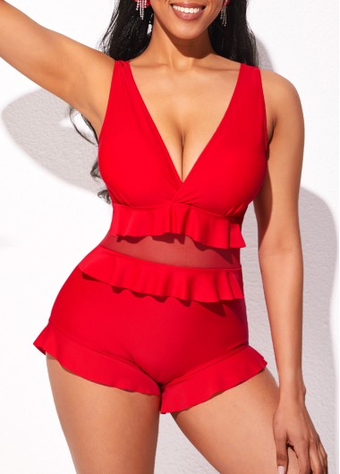 Rosewe Mesh Stitching Flounce Red One Piece Swimwear - 2XL