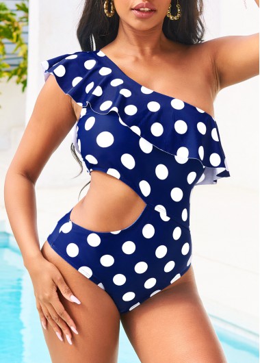 Rosewe Cutout Flounce Polka Dot Navy Blue One Piece Swimwear - M