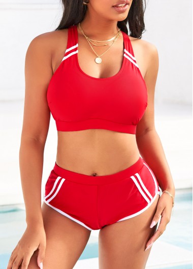 Rosewe Red Contrast Stitch Mid Waist Bikini Set - L