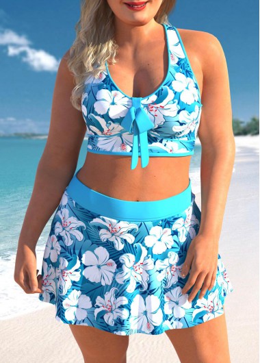 Cyan Plus Size Floral Print High Waisted Bikini Set