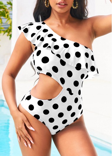 Rosewe Polka Dot Cutout Asymmetric White Flounce One Piece Swimwear - M
