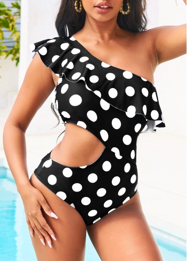 Rosewe Polka Dot Cutout Black Asymmetric Flounce One Piece Swimwear - S