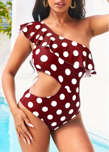 Rosewe Flounce Cutout Polka Dot Deep Red One Piece Swimwear - M