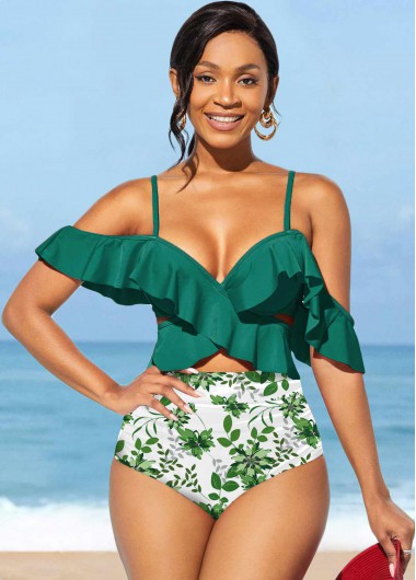 Rosewe Leaf Print Flounce Green High Waisted Bikini Set - M