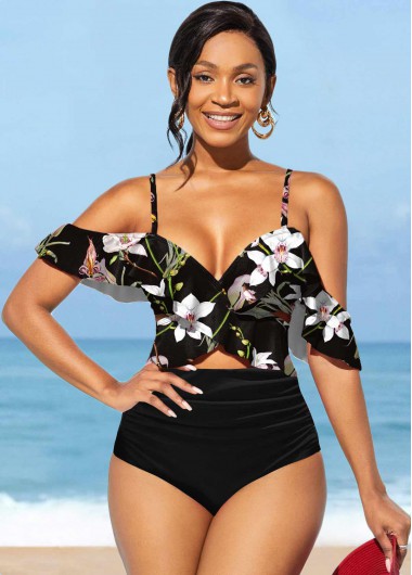 Rosewe Flounce Floral Print High Waisted Black Bikini Set - M