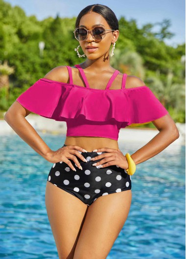 Rosewe Flounce Polka Dot High Waisted Rose Red Bikini Set - L