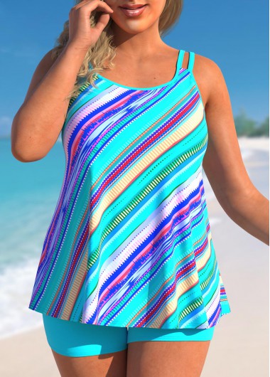 Rosewe Striped Double Straps Plus Size Tankini Set - 3X