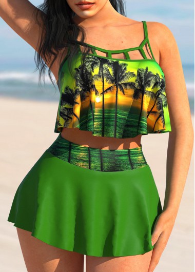 Rosewe High Waisted Green Scape Print Bikini Set - XL