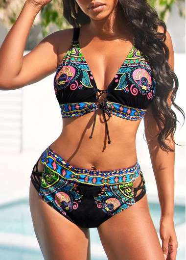 Rosewe Tribal Print Lace Up Black Bikini Set - 2XL