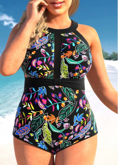Rosewe Black Floral Print Cutout Plus Size One Piece Swimwear - 3X