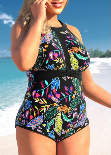 Rosewe Black Floral Print Cutout Plus Size One Piece Swimwear - 3X