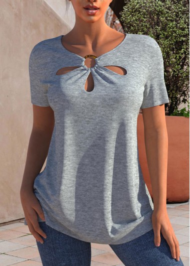 Grey Marl Short Sleeve Cutout Neck T Shirt