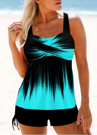 Ombre Cross Front Cyan Wide Strap Tankini Set Ombre Cross Front Cyan Wide Strap Tankini Set