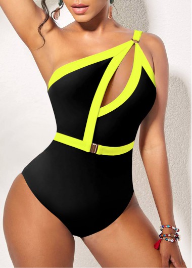 Rosewe Yellow Contrast Stitch Asymmetric Design Cutout One Piece Swimwear - XL