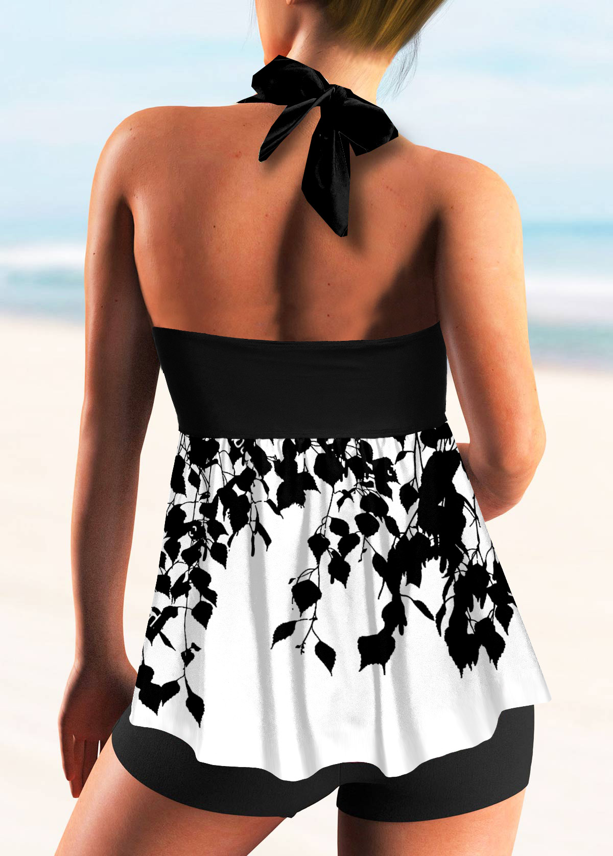 Halter Leaf Print Tie Back Tankini Set 