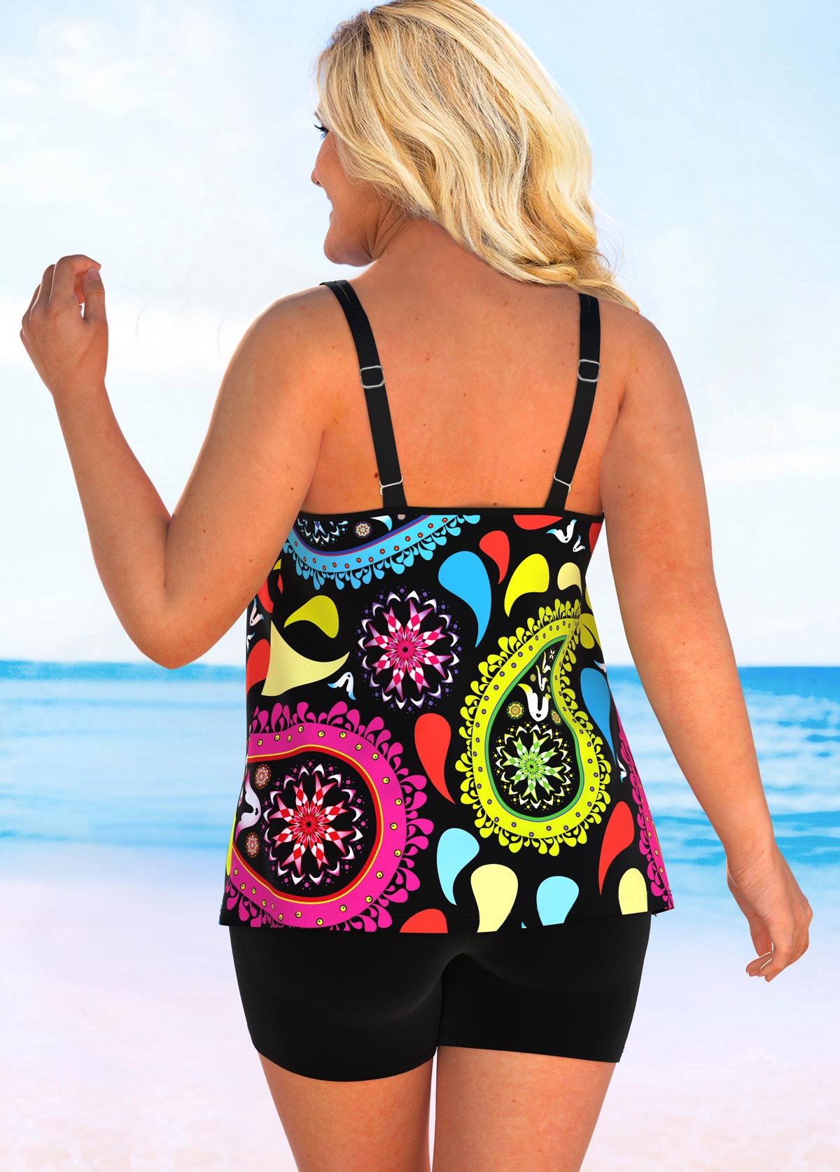 Double Straps Plus Size Paisley Print Tankini Set 