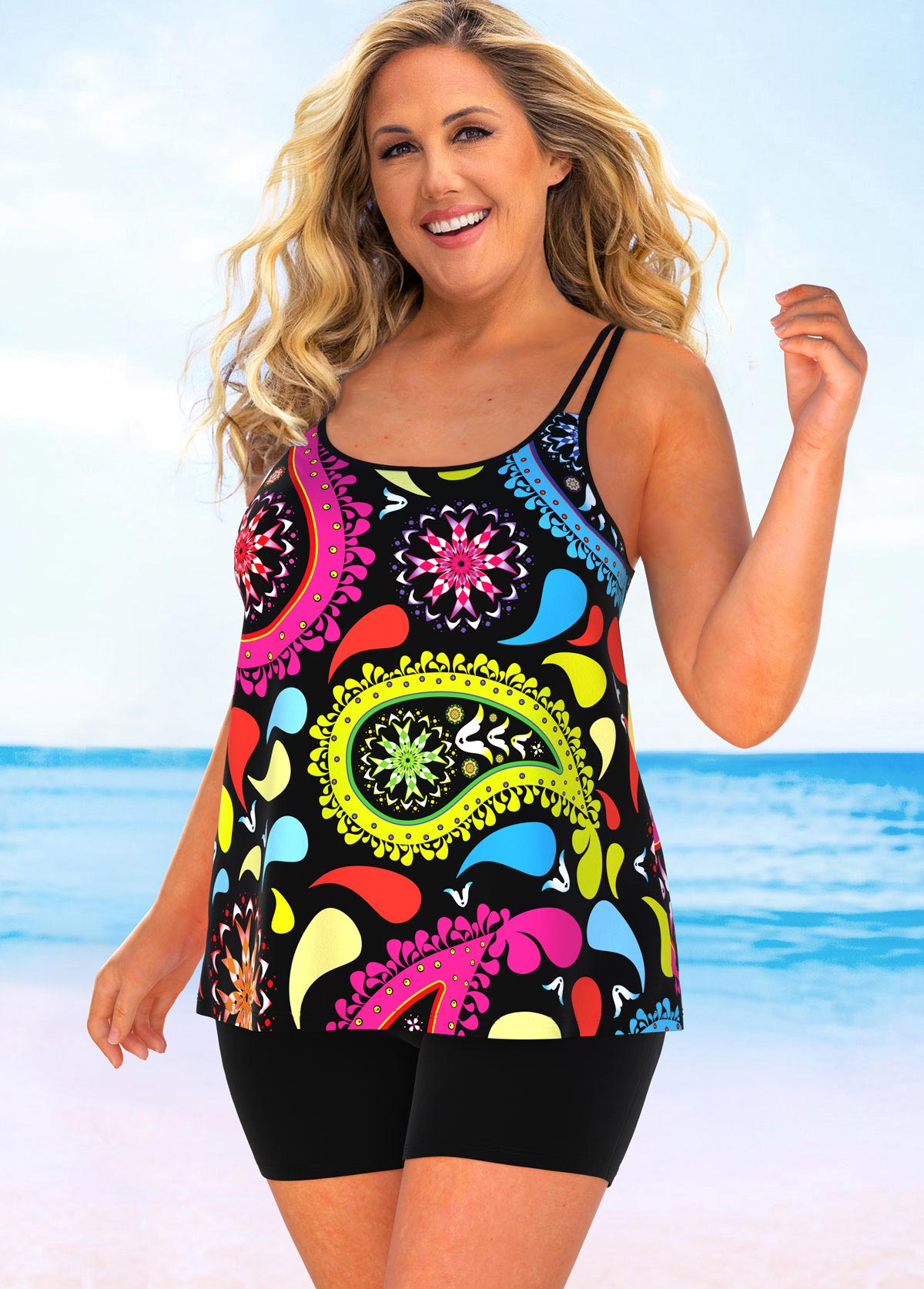 Double Straps Plus Size Paisley Print Tankini Set 